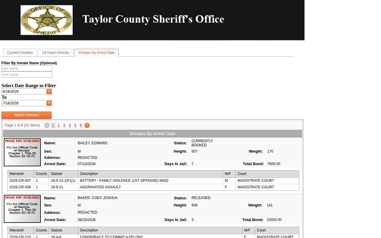 Taylor County jail arrest-date search for current and released booking statuses